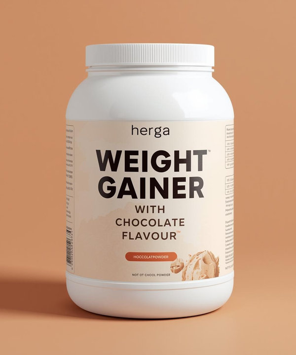 Weight gainer supplement container with chocolate flavor on a brown background