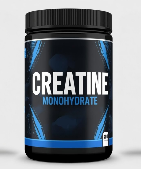 Creatine monohydrate supplement container with black and blue design on a light gray background