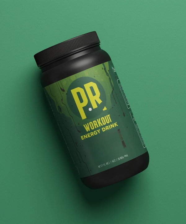 Green and black energy drink container with 'PR' branding on a green background