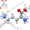 Molecular structure model with atoms represented by colored spheres on a white background