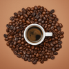 Coffee cup surrounded by coffee beans on a brown background