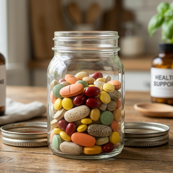Glass jar filled with multicolored tablets on a wooden table with other health-related items.