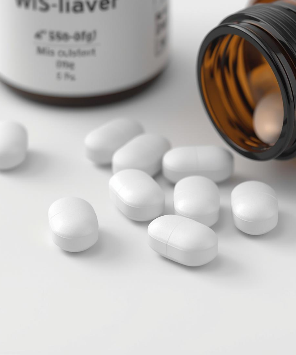 White pills spilling out of an open brown on a white background