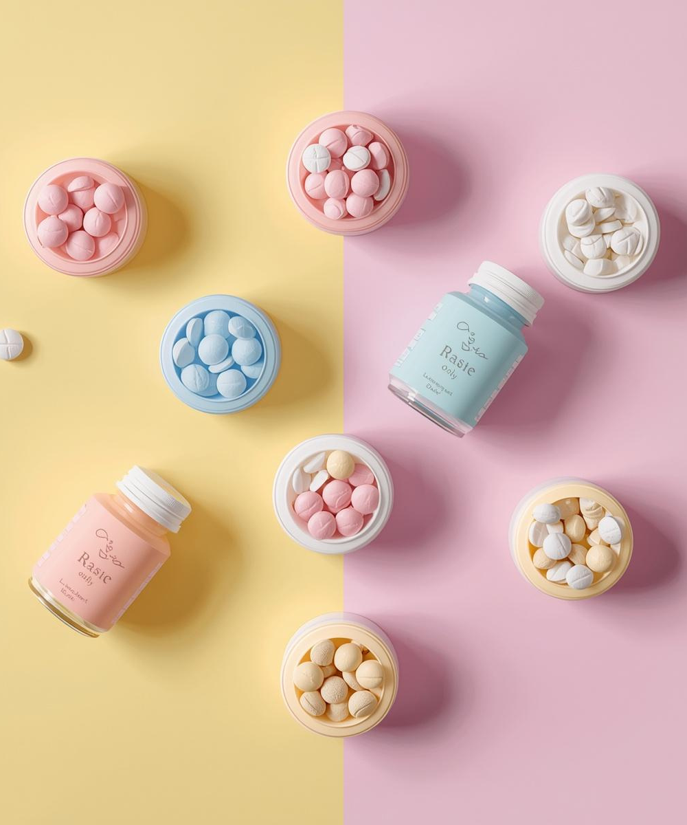 Assorted containers with pastel-colored contents on a two-tone yellow and pink background